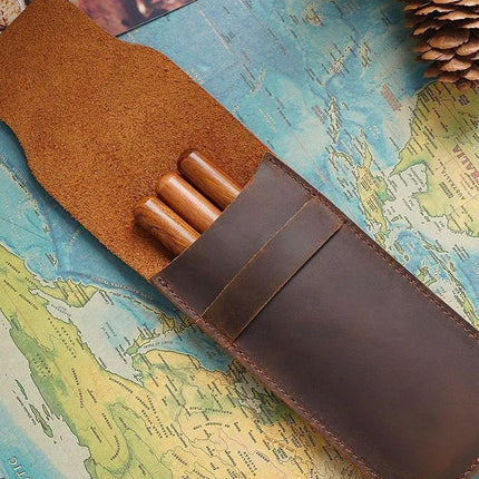 2PCS Vintage Handmade Genuine Leather Pencil Case Set Cowhide Protective Holder