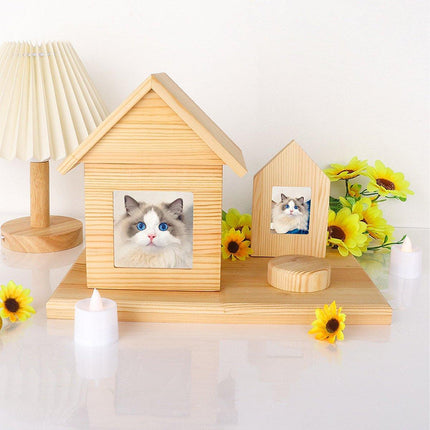Pet House Urns Dog Cat Ashes Urn with Photo Frame Memory Box Wooden Memorial Pet - Aimall