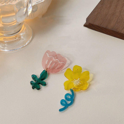 Transparent Flower Earrings Asymmetrical Color Contrast Design Statement Jewelry