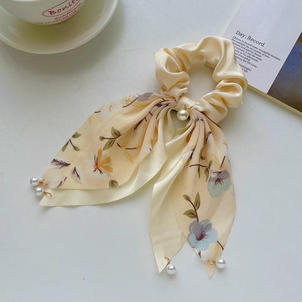 Vintage Boho Silk Bowknot Flower Hair Scrunchies Women Hair Bands Rope Pearl - Aimall