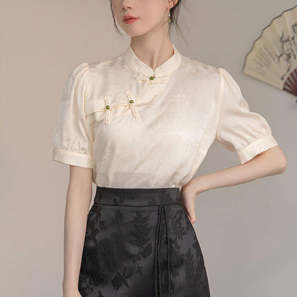 Women Satin Short Sleeve Blouse Chinese Button Top New Fashion Shirt Ladies