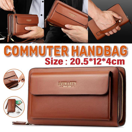 Commuter Clutch Bag for Men Long Leather Wallet Handbag Casual Travel Purse