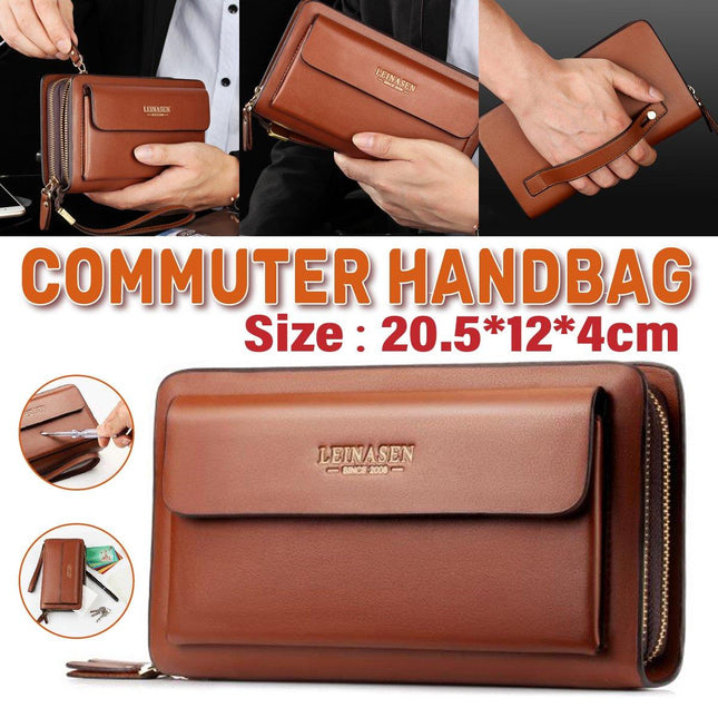 Commuter Clutch Bag for Men Long Leather Wallet Handbag Casual Travel Purse