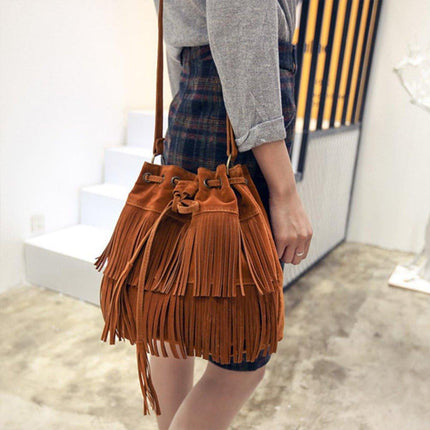 Brown Soft Velvet Tassel Womens Drawstring Shoulder Crossbody Bag for Fashion