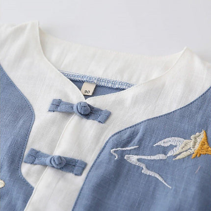 Boys Chinese Traditional Outfit Summer Cotton Linen Short Sleeve Top