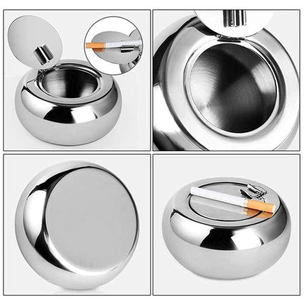 Stainless Steel Ashtray with Cover Smokeless Drum Design Windproof Ash Tray