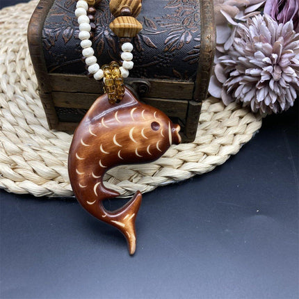 Long Wood Necklace with Fish Pendant Unique Fashion Jewelry Ornament