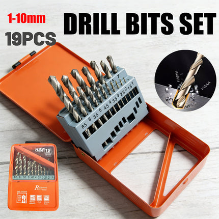 19pcs Straight Shank Twist Drill Bit Set High Speed Steel Metal Drilling Tool