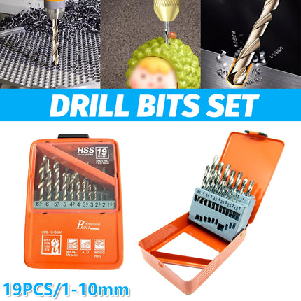 19pcs Straight Shank Twist Drill Bit Set High Speed Steel Metal Drilling Tool