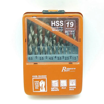 19pcs Straight Shank Twist Drill Bit Set High Speed Steel Metal Drilling Tool