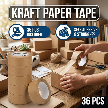 36 Rolls Kraft Paper Tape with Thread 48mm Self Adhesive Packing Framing Tape