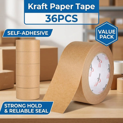 36 Rolls Kraft Paper Tape with Thread 48mm Self Adhesive Packing Framing Tape