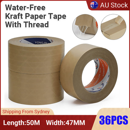 36 Rolls Kraft Paper Tape with Thread 48mm Self Adhesive Packing Framing Tape