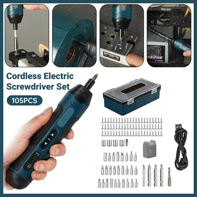 105PCS Cordless Electric Screwdriver Set Rechargeable Durable Slim Body 3.6V