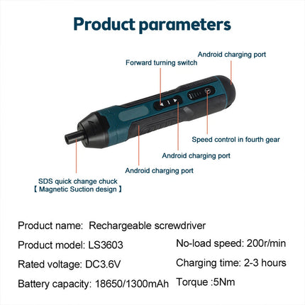 105PCS Cordless Electric Screwdriver Set Rechargeable Durable Slim Body 3.6V
