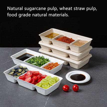 30PCS Disposable Pulp Three-Compartment Dip Box for Sushi BBQ Sauce Condiment