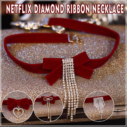 Fashion Red Bows Necklace Diamond Pendant Collar Chain Velvets Bowknot Jewelry