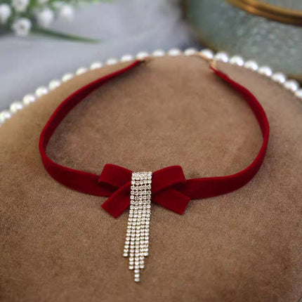 Fashion Red Bows Necklace Diamond Pendant Collar Chain Velvets Bowknot Jewelry