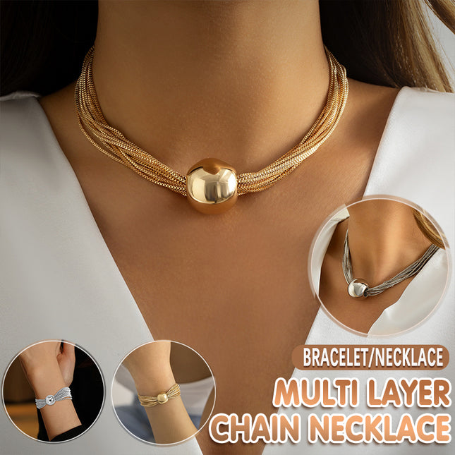 Chunky Ball Pendant Necklace and Bracelet Set Multi-Layer Chain Jewellery Gold Silver