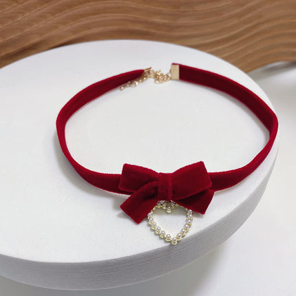 Fashion Red Bows Necklace Diamond Pendant Collar Chain Velvets Bowknot Jewelry