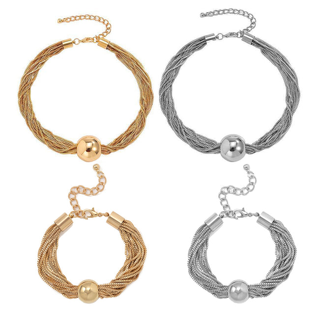 Chunky Ball Pendant Necklace and Bracelet Set Multi-Layer Chain Jewellery Gold Silver