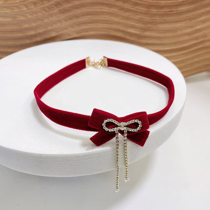 Fashion Red Bows Necklace Diamond Pendant Collar Chain Velvets Bowknot Jewelry
