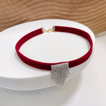 Fashion Red Bows Necklace Diamond Pendant Collar Chain Velvets Bowknot Jewelry