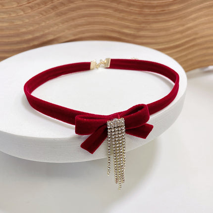 Fashion Red Bows Necklace Diamond Pendant Collar Chain Velvets Bowknot Jewelry