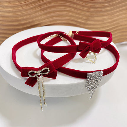 Fashion Red Bows Necklace Diamond Pendant Collar Chain Velvets Bowknot Jewelry