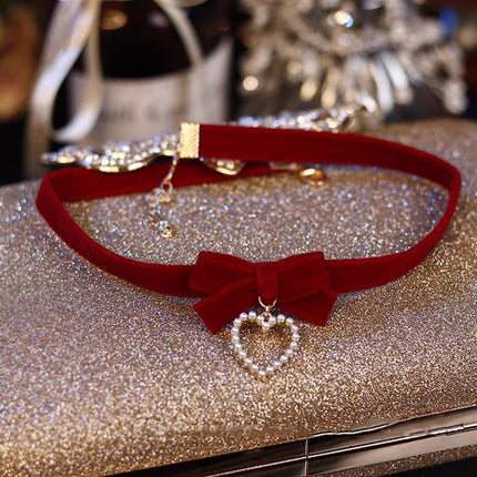 Fashion Red Bows Necklace Diamond Pendant Collar Chain Velvets Bowknot Jewelry