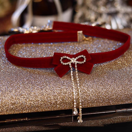 Fashion Red Bows Necklace Diamond Pendant Collar Chain Velvets Bowknot Jewelry