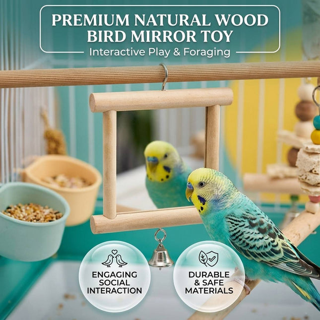 Wood Bird Mirror with Bell Hanging Parrot Budgie Cage Play Accessory