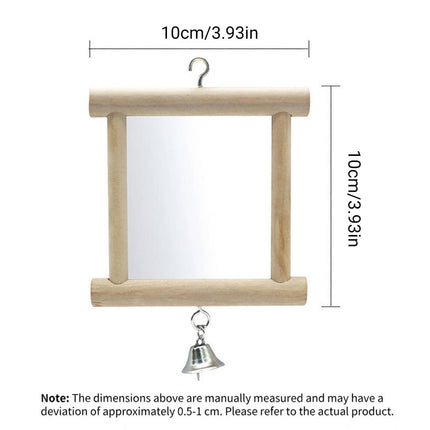 Solid Wood Bird Mirror Toy with Bell Hanging Parrot Budgie Cage Accessory