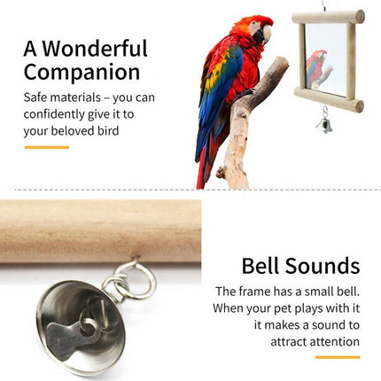 Solid Wood Bird Mirror Toy with Bell Hanging Parrot Budgie Cage Accessory