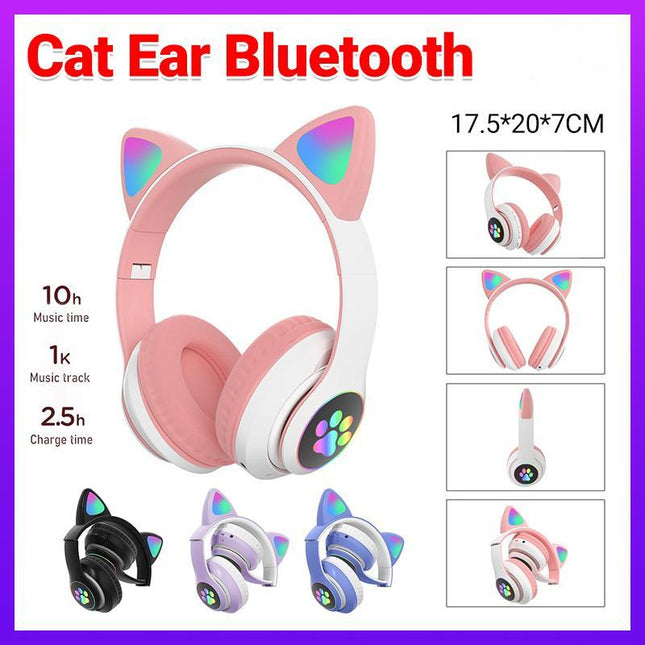 Wireless Headphones Cat Ear Bluetooth Over Ear Kids Headsets Foldable LED Lights - Aimall