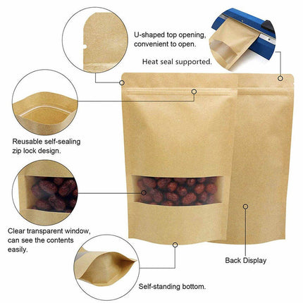 10-200x 9*14+3cm Stand Up Bag Kraft Paper Seal Packaging Window Zip Lock Pouch - Aimall