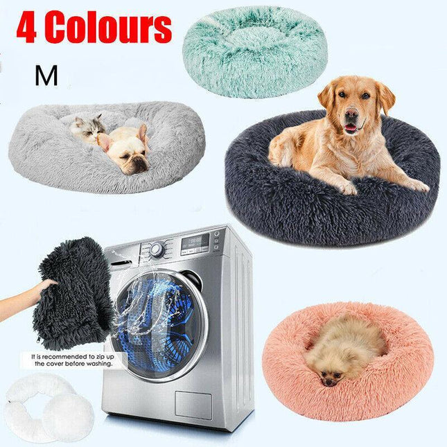 M-60CM Dog Cat Pet Calming Bed Washable ZIPPER Cover Warm Soft Plush Round - Aimall