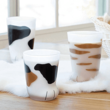 Pair 3 Cat Paw Frosted Calico Cups Glass Milk Cute Gift Tumbler Claw Foot Cute - Aimall