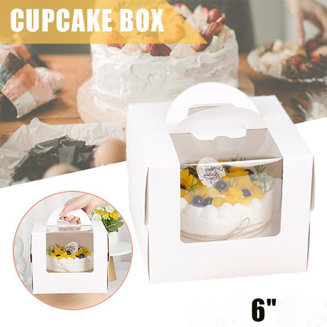 Portable Cake Boxes White Paper Display Window Packing Case Party with Handle 6'' - Aimall