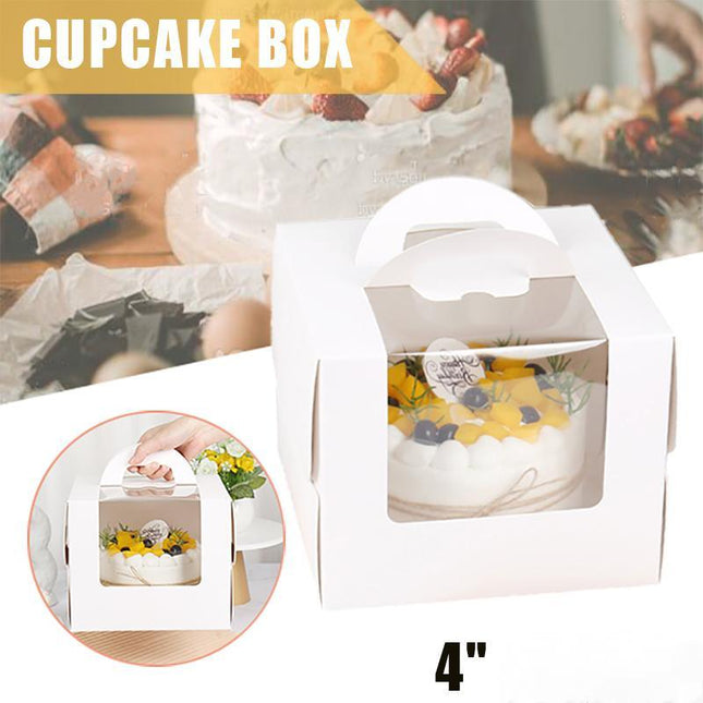 Portable Cake Boxes White Paper Display Window Packing Case Party with Handle 4'' - Aimall