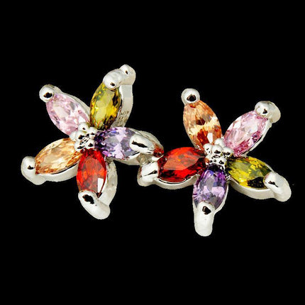 Colourful Petal Zircon Earrings Silver Ladies Wedding Party Christmas Gift - Aimall