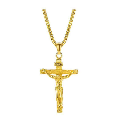 Men Stainless Steel Gold Silver Black Jesus Crucifix Pendant Chain Necklace Gold - Aimall