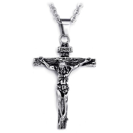 Men Stainless Steel Gold Silver Black Jesus Crucifix Pendant Chain Necklace Silver - Aimall