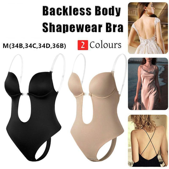 M Size Women Deep U Plunge Seamless Push Up Bra Thong Backless Bodysuit - Aimall