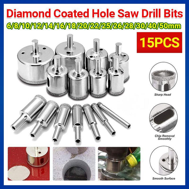 15PCS Diamond Drill Bit Set 6mm-50mm Tile Marble Glass Ceramic Hole Saw Drilling - Aimall