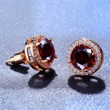Red Garnet Diamond Halo Round Stud Earring Push Back Rose Gold Plated Women Gift - Aimall