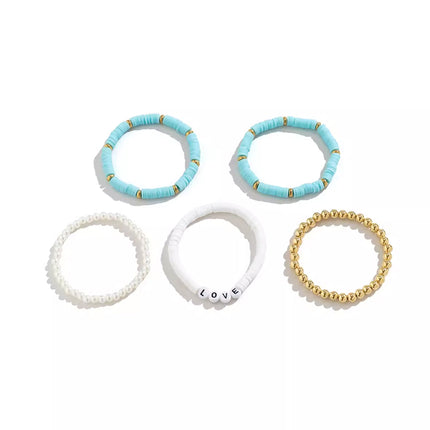 Boho Clay Bead Pearl Bracelet Set Women Stackable 5PCS Love Letter Jewellery