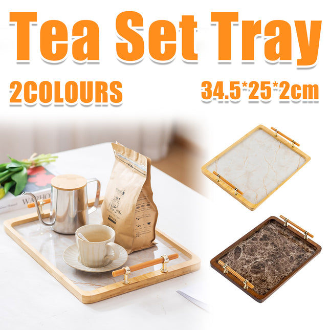 Bamboo Tea Tray with Stone Plastic Base Waterproof Non-Slip Durable
