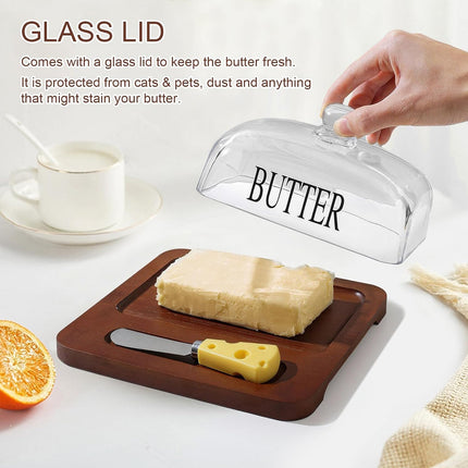 Butter Dish with Glass Lid and Bamboo Base with Built-in Knife