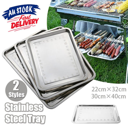 2X Stainless Steel Oblong Tray Plate Serving Tray Silver Dinner Food Kitchenware